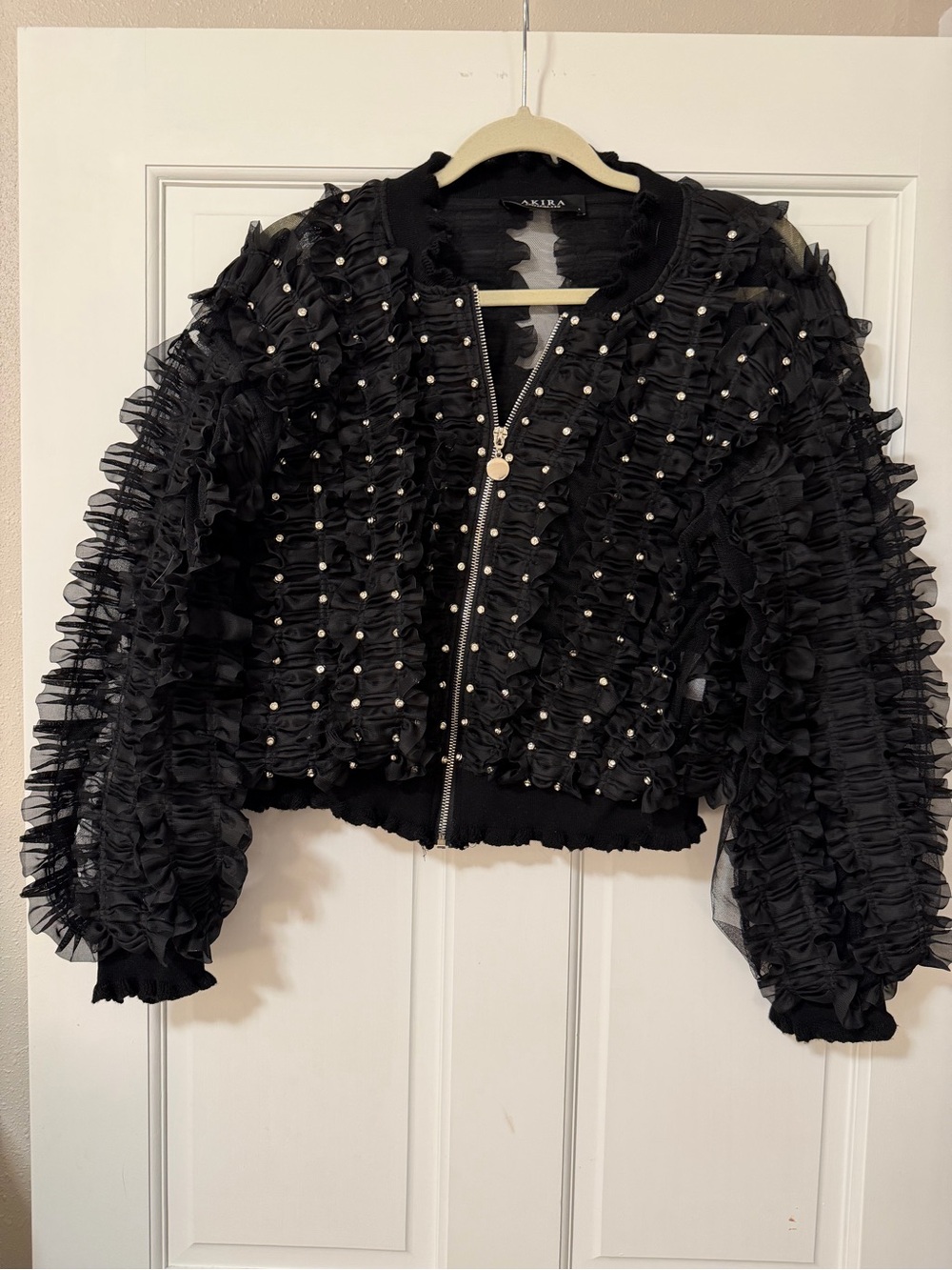 AKIRA Black Ruffle Pearl Bomber Jacket
